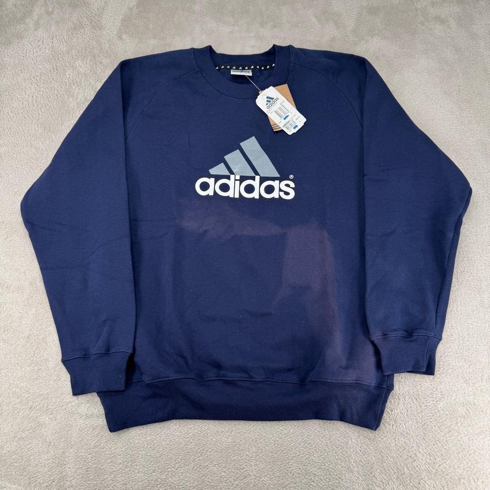 NWT Adidas Mens Big Logo Sweatshirt Large Navy Blue Graphic Logo Pullover Fade